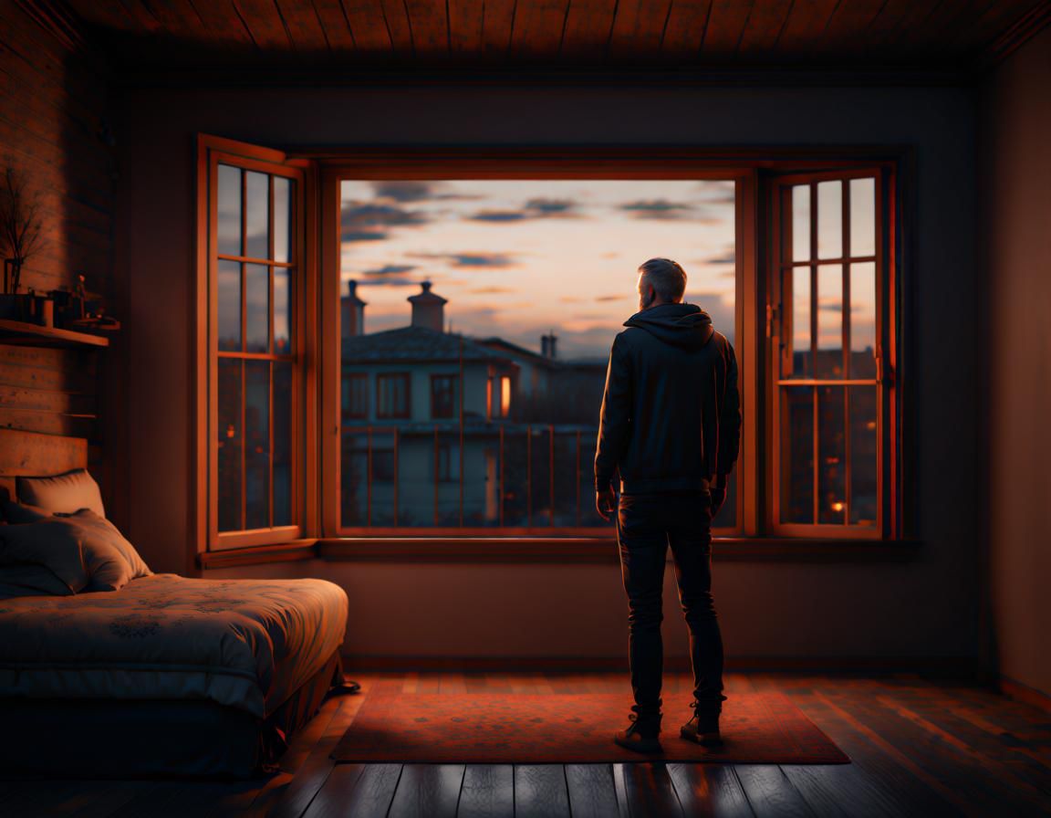 Sad Man Looks Out Window at Evening: 8K