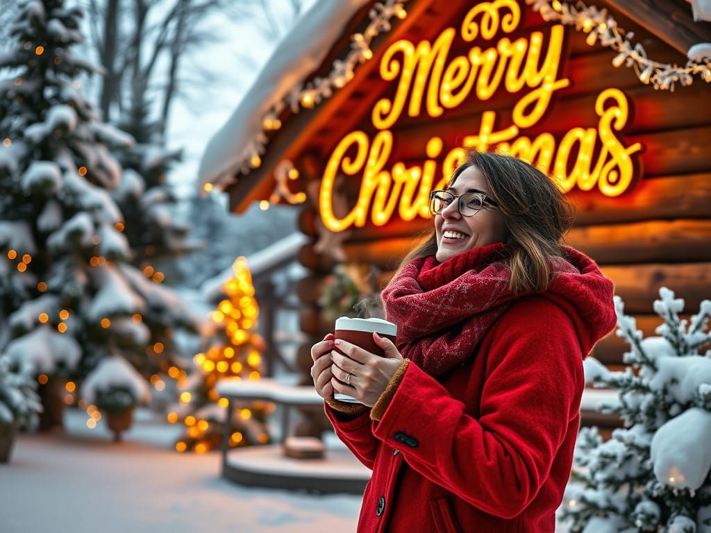 Cheerful Woman Admires Christmas Sign in Snowy Woodland