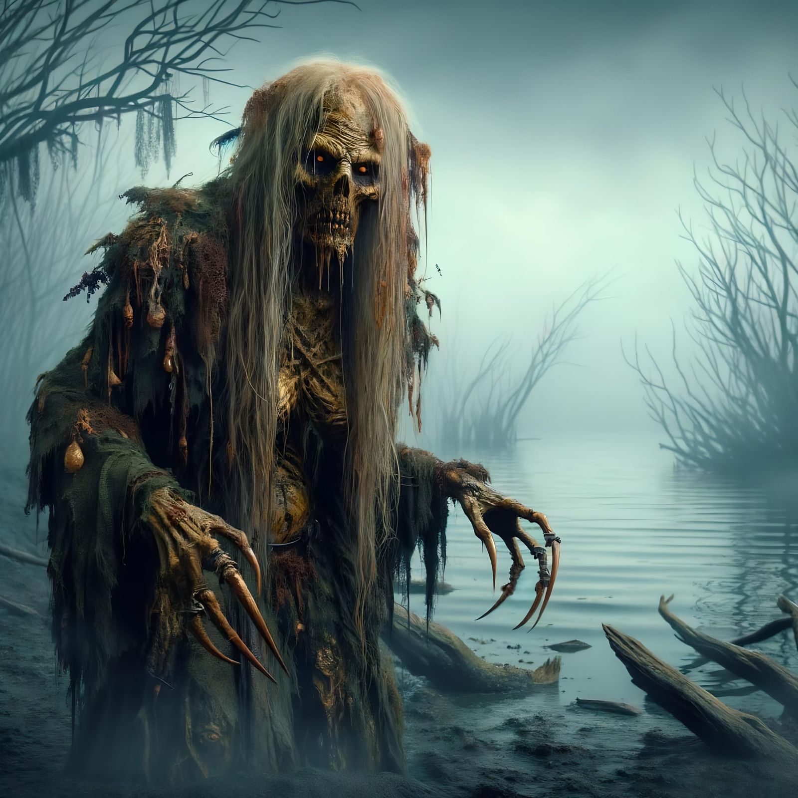 Menacing Sea Hag on Foggy Lakeshore: Dark Fantasy Art