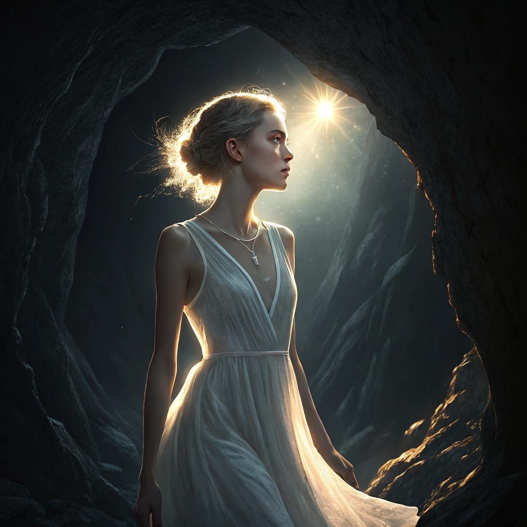 A young woman with bright glowing skin of light shining through a thin white dress. Background is a dark black cave that...