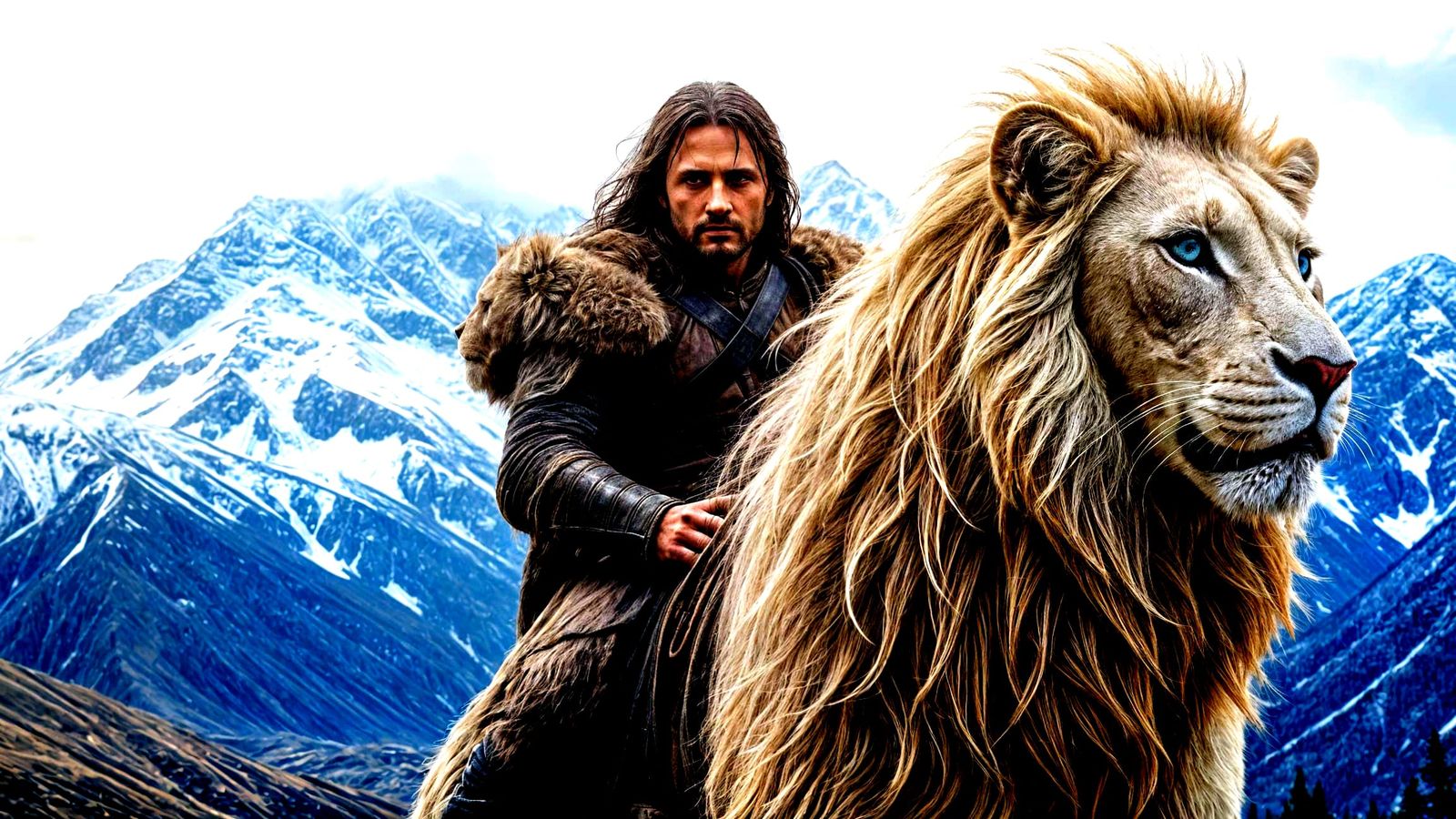 Aragorn Rides a White Lion in the Snow