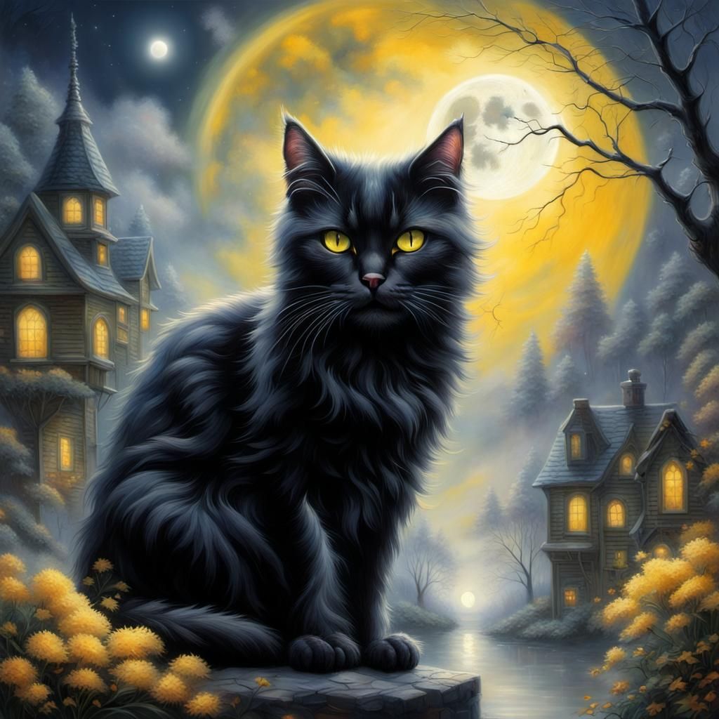 Ethereal Black Cat with Yellow Eyes Under Moon