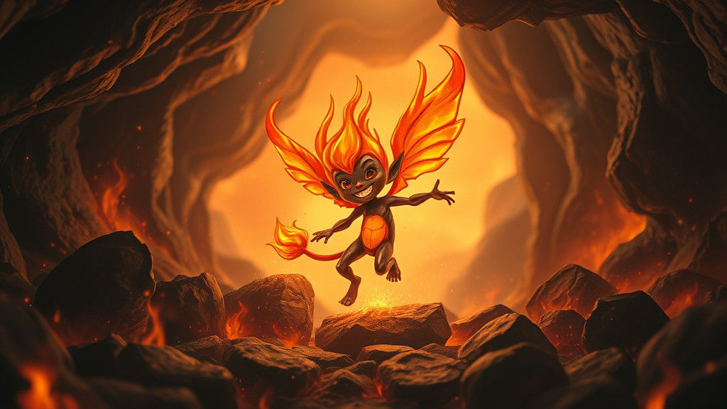 Mystical Fire Sprite Dances in a Warm, Golden Cave