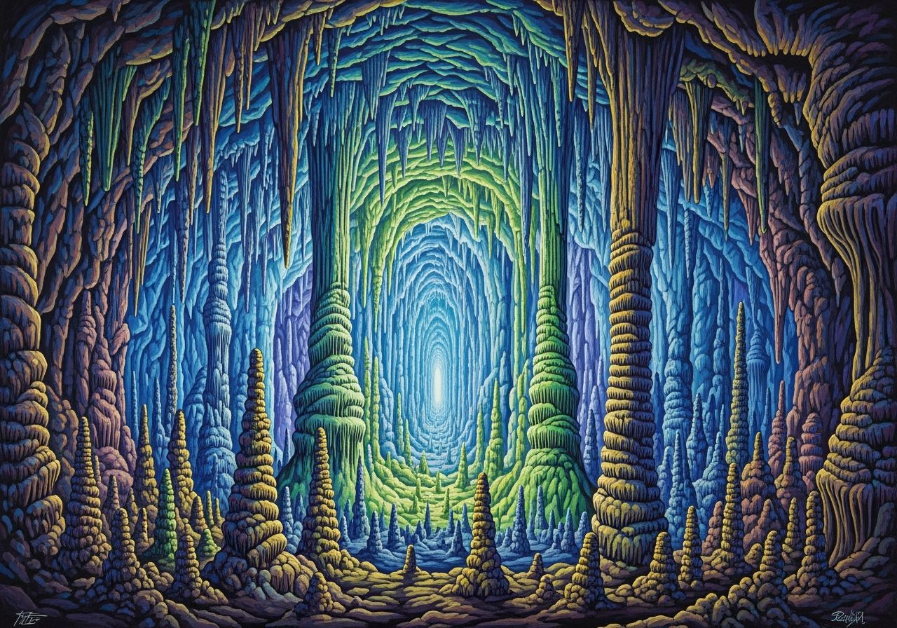 Vast Cave System with Stalagmites and Stalactites