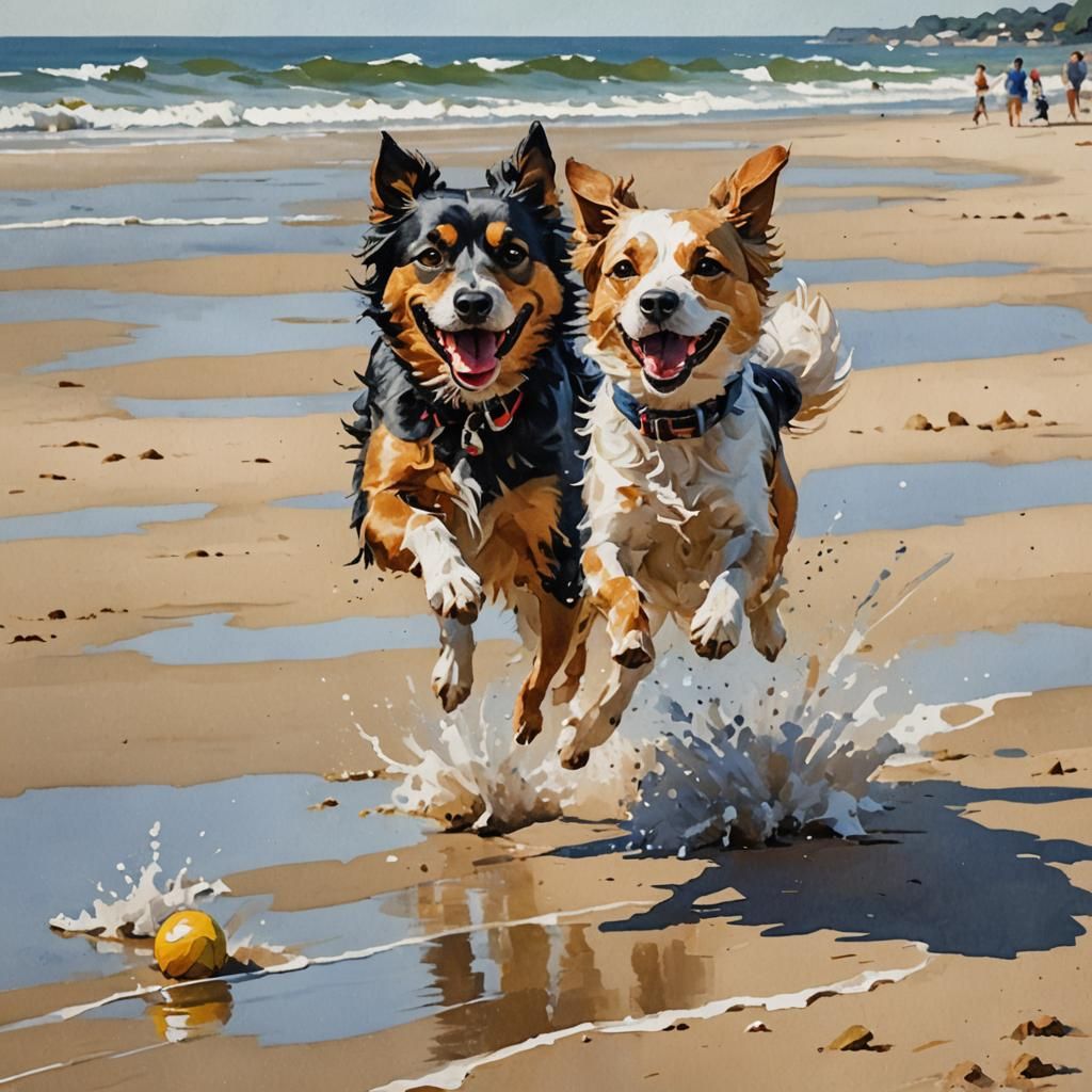 Shih Tzu Beach Run: Gouache Watercolor Impression