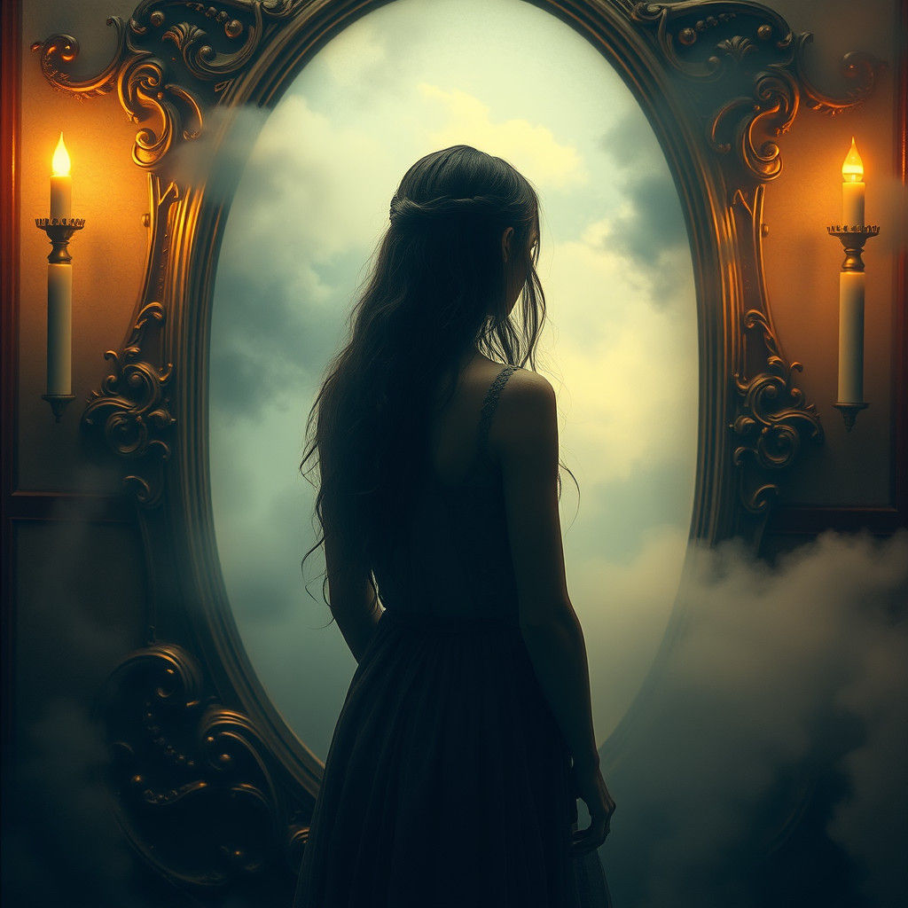 Mystical Woman and Mirror: Dreamlike Digital Art