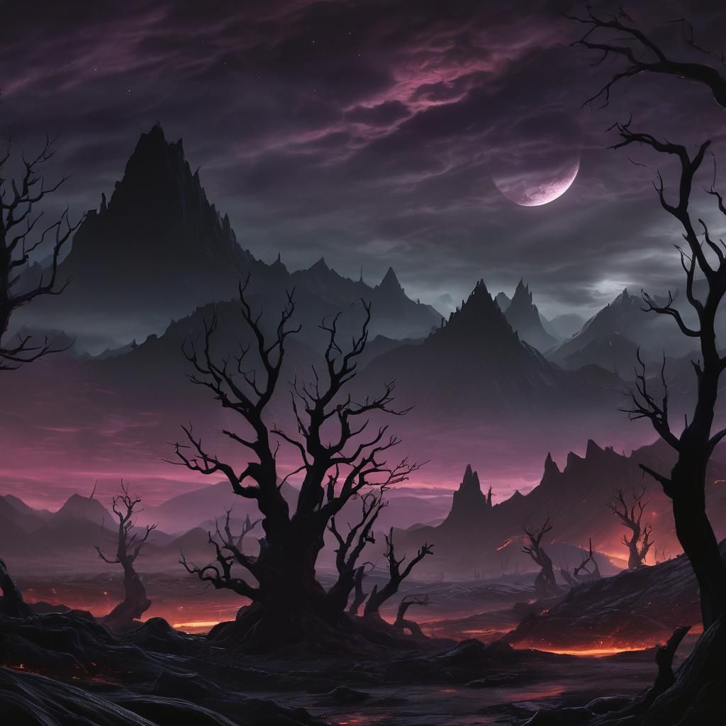 Dark Fantasy Landscape with Black Moon