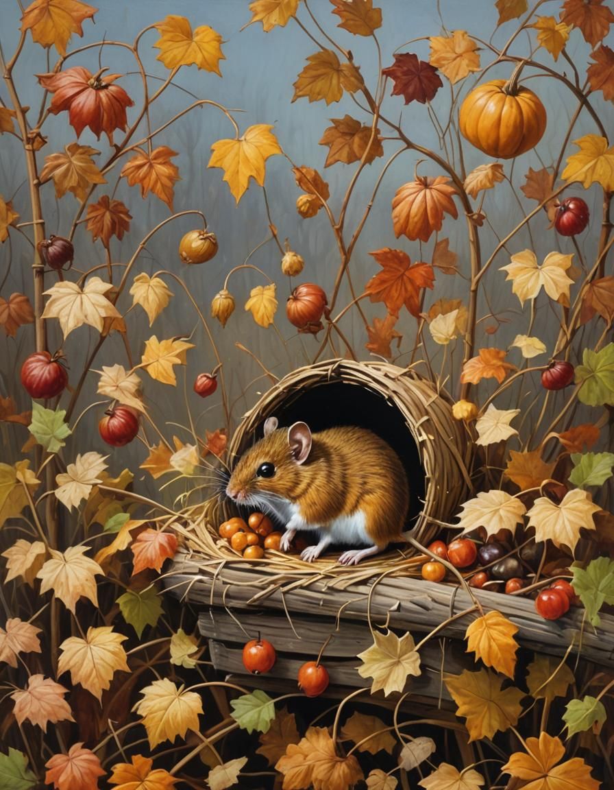 Rustic Autumn Harvest Mice in Folk Art Style
