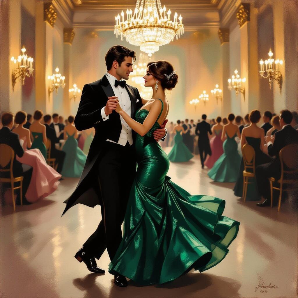 Elegant Couple Waltzing in Grand Ballroom Oil Painting