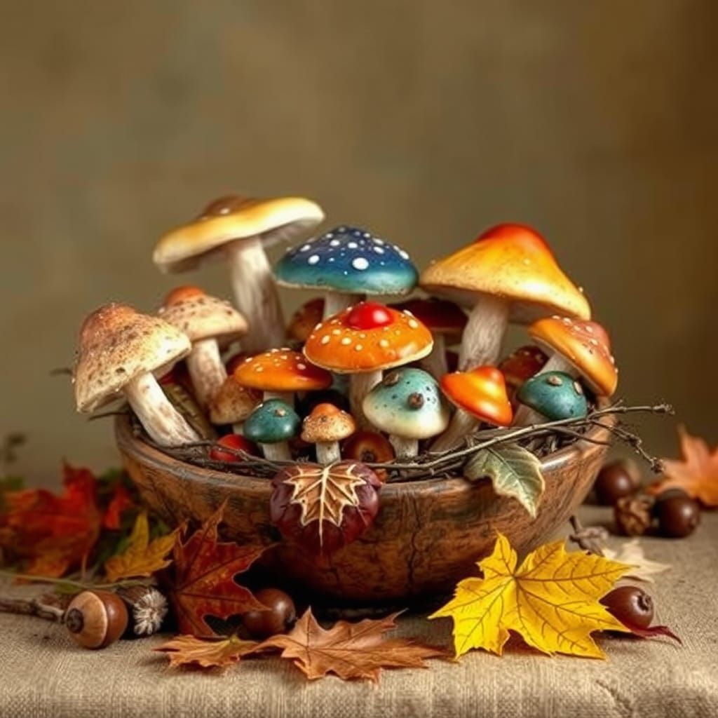 Autumn Mushroom Still Life in Naturalistic Style