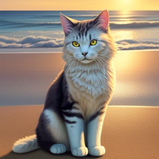 Fluffy Cat Basking on Beach in Vibrant Oil Painting