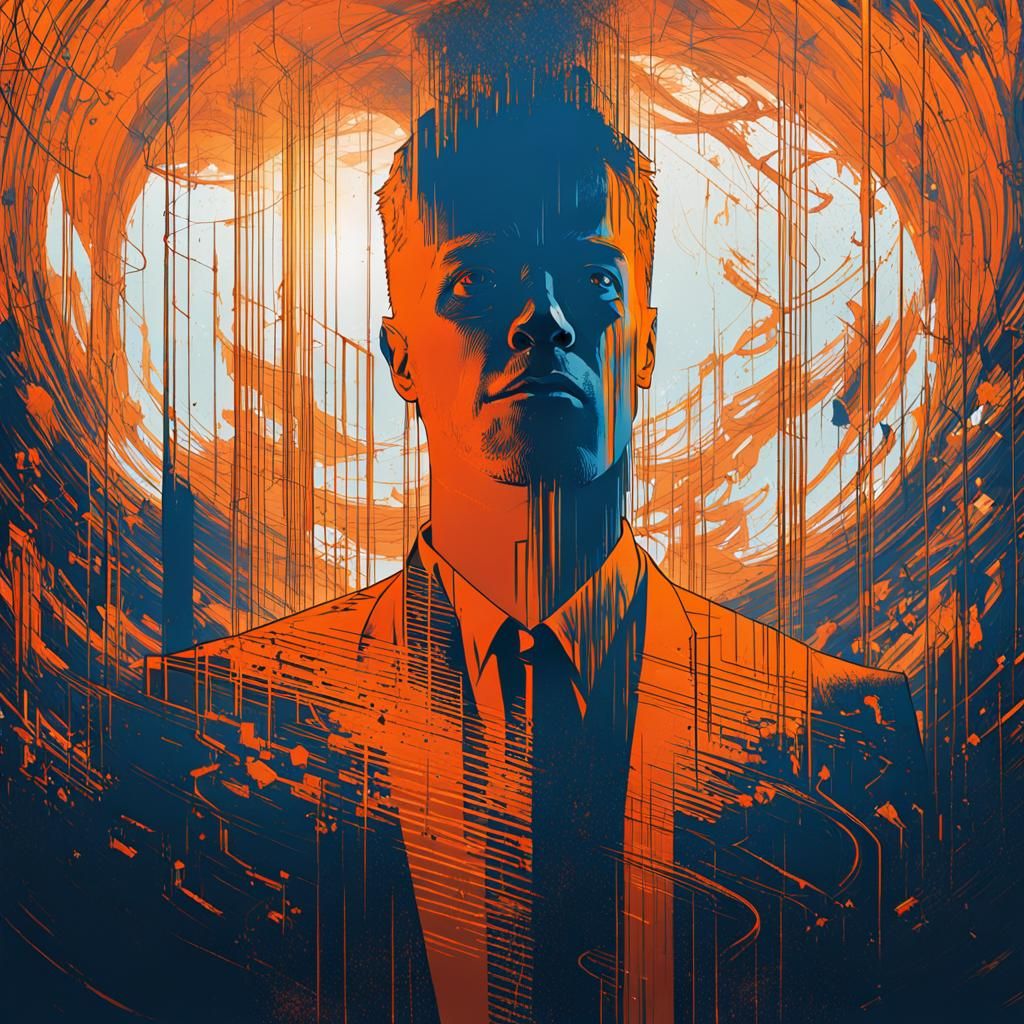 Brooding Man in Mystical Chamber: Minimalist Digital Art