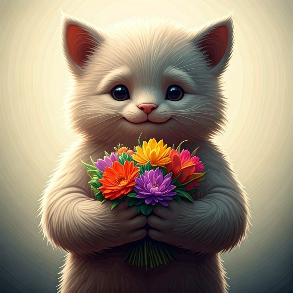 Fluffy Creature with Flowers: Hyperrealistic Digital Art