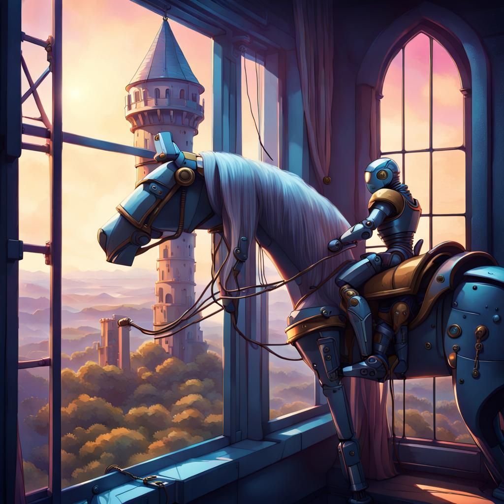 Futuristic Robot Rapunzel in Tower with Prince