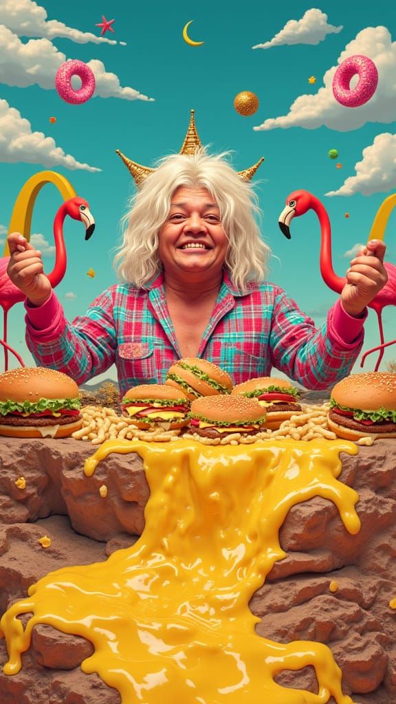 Surreal Mukbang Feast with Flamingos in Cartoon Style