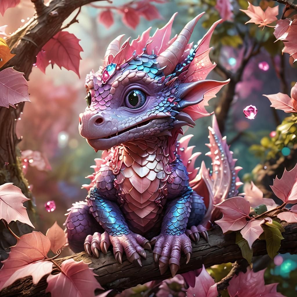 Cute Pink Dragon with Jewel Leaves in Fantasy Illustration