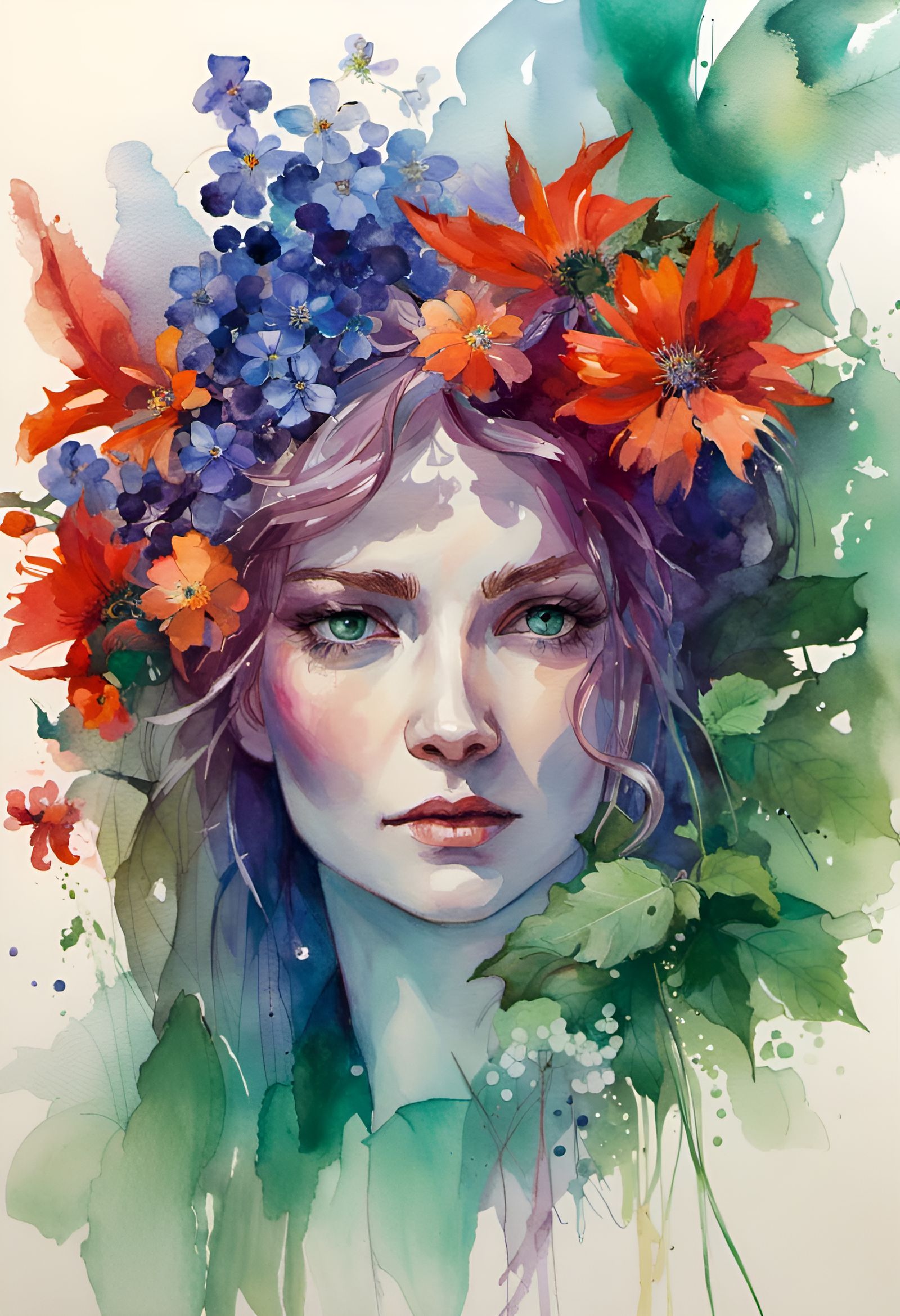 Persephone with Heliotrope Crown: Detailed Watercolor Painti...