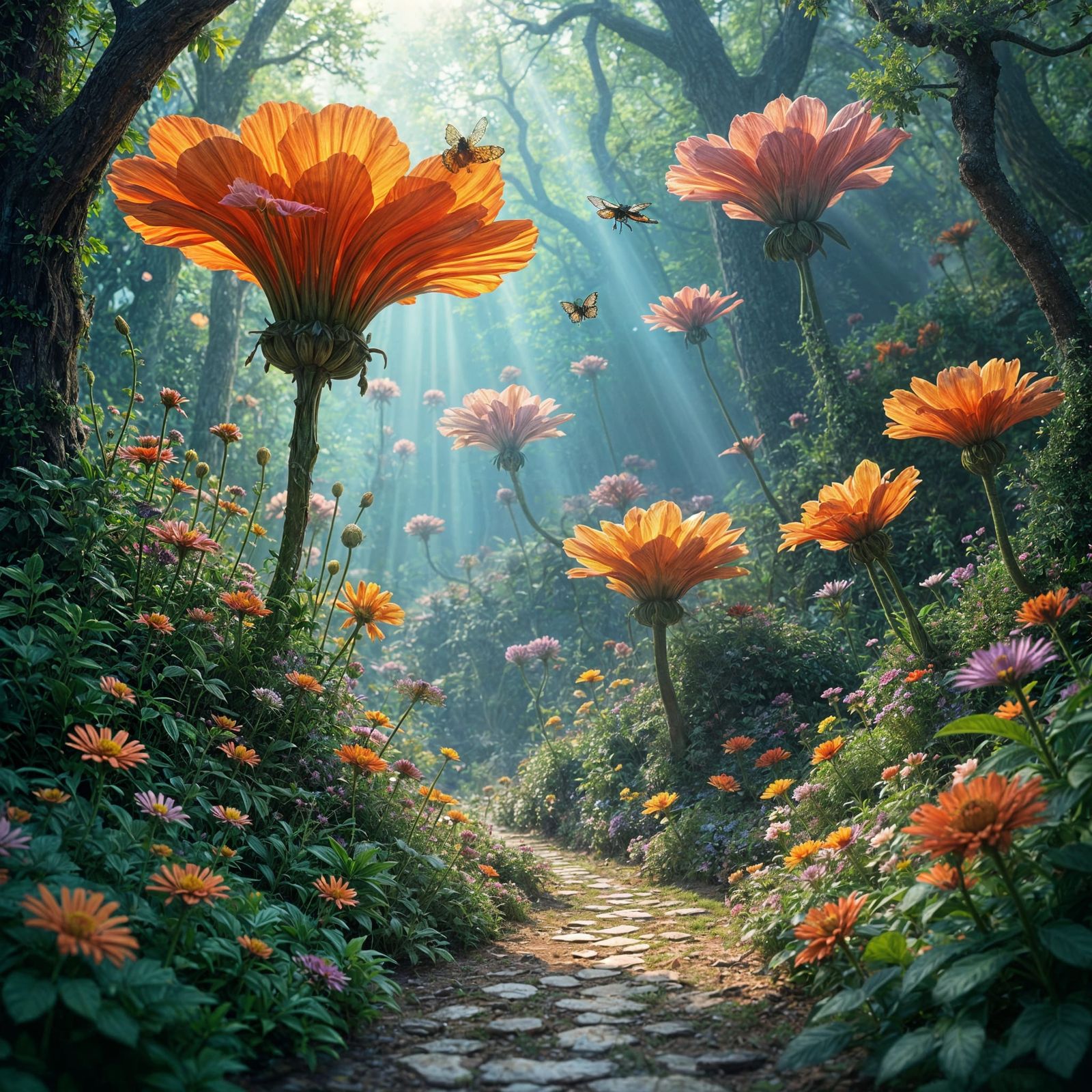 Fairy World with Giant Flowers in Maximalist Style