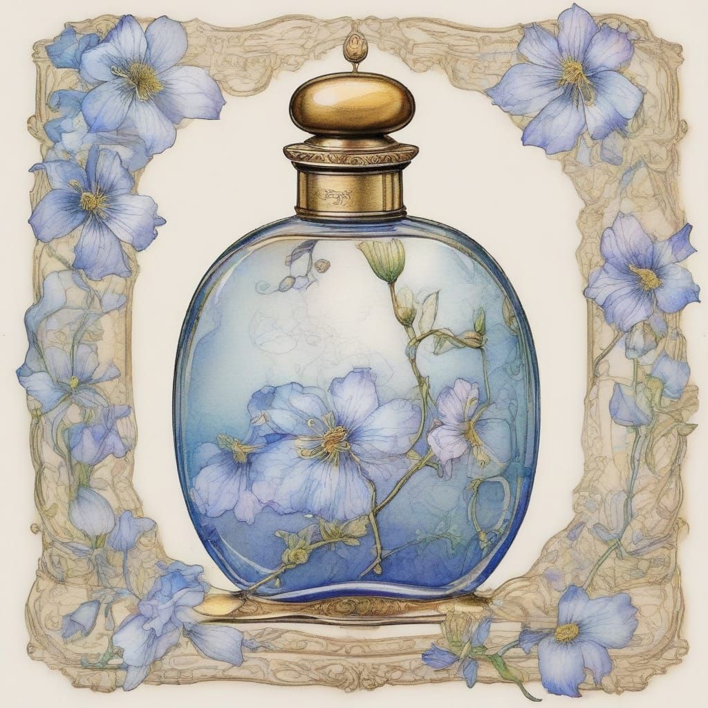 Elegant Gold Perfume Bottle Amidst Delicate Blue Blooms