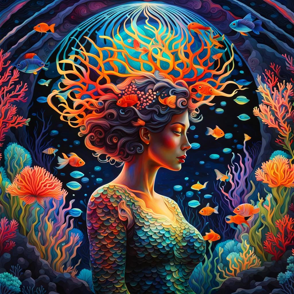 Biorobotic Mermaid in Underwater Greenhouse, Botticelli Styl...