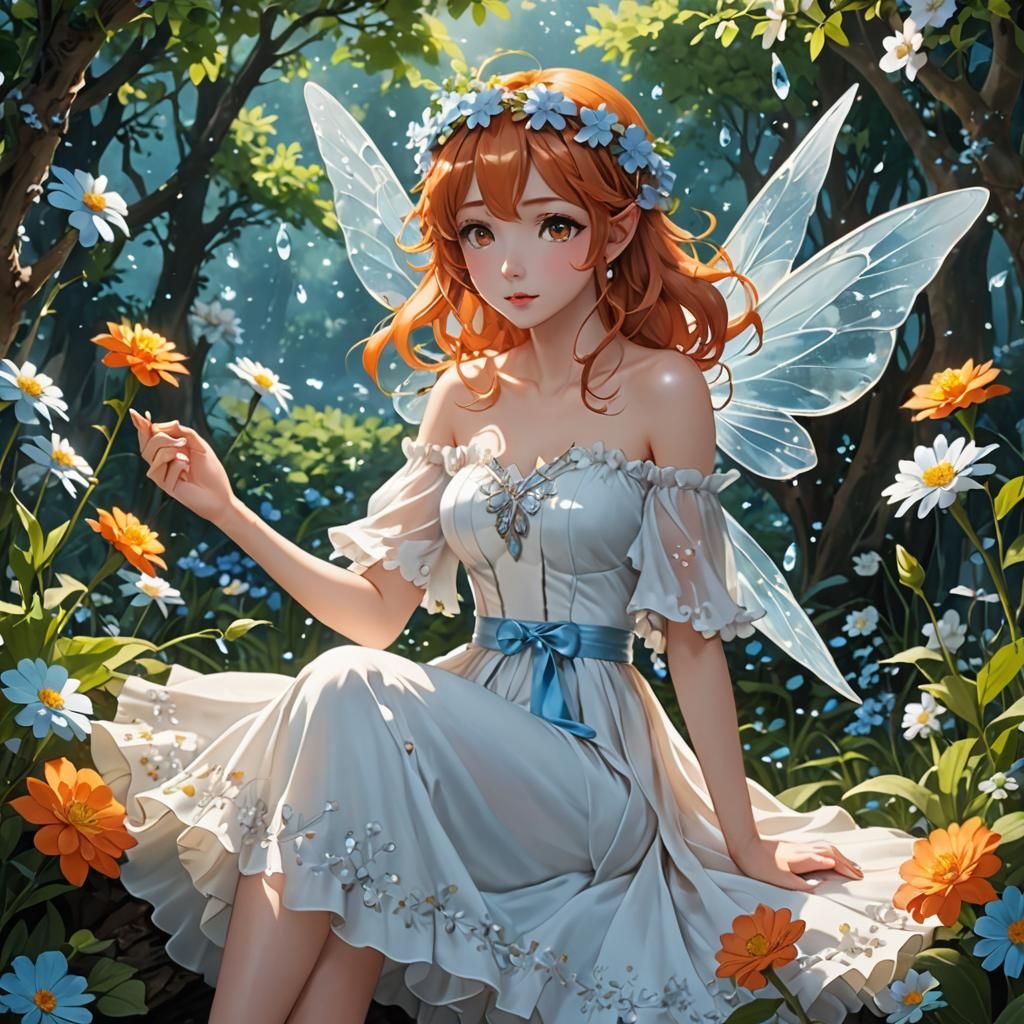 Anime Fairy Girl in Blue Flower Scene