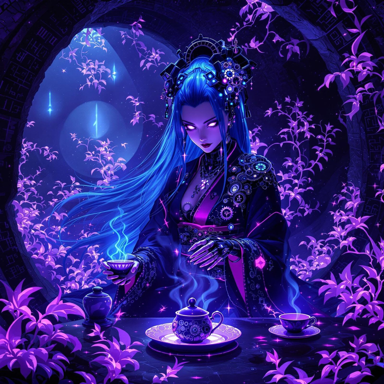 Gothic Cyborg Geisha in Bioluminescent Grotto, Steampunk Fan...