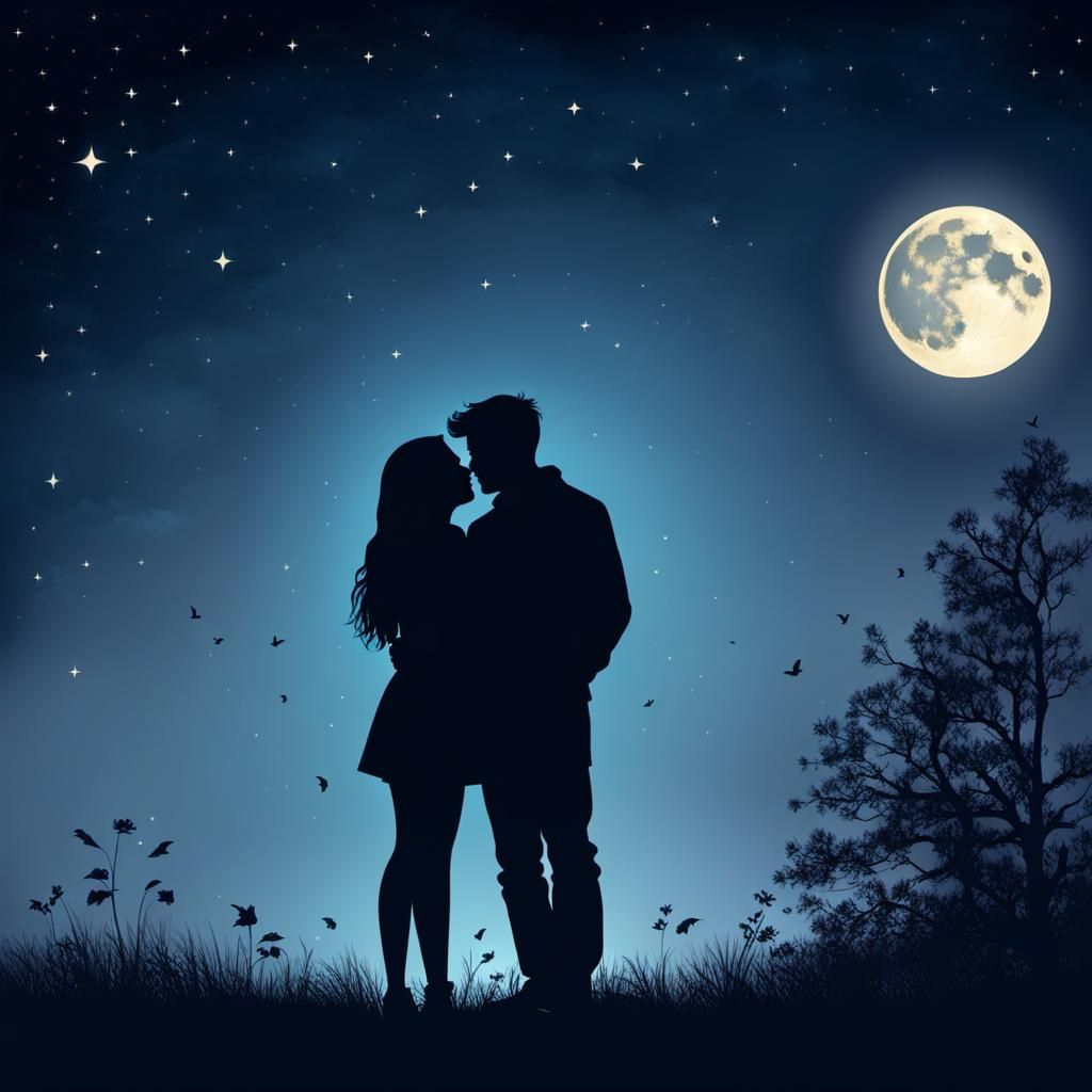 Romantic Couple Silhouette Under Moonlight