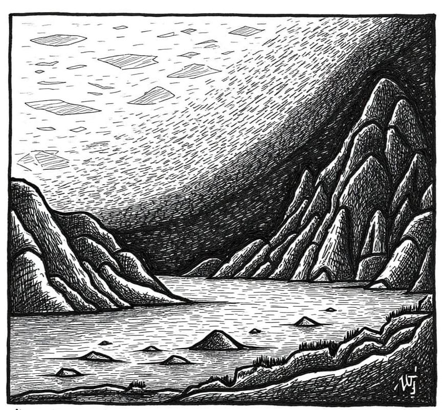 Stormy Village as Minimalist Woodcut Stamp