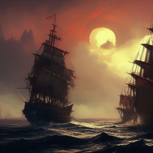 Ominous Pirate Ship Sunset: Hyperdetailed Concept Art