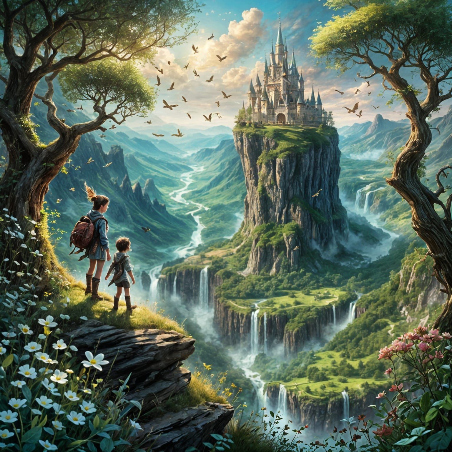 Whimsical Fantasy Beings Carried by Wind