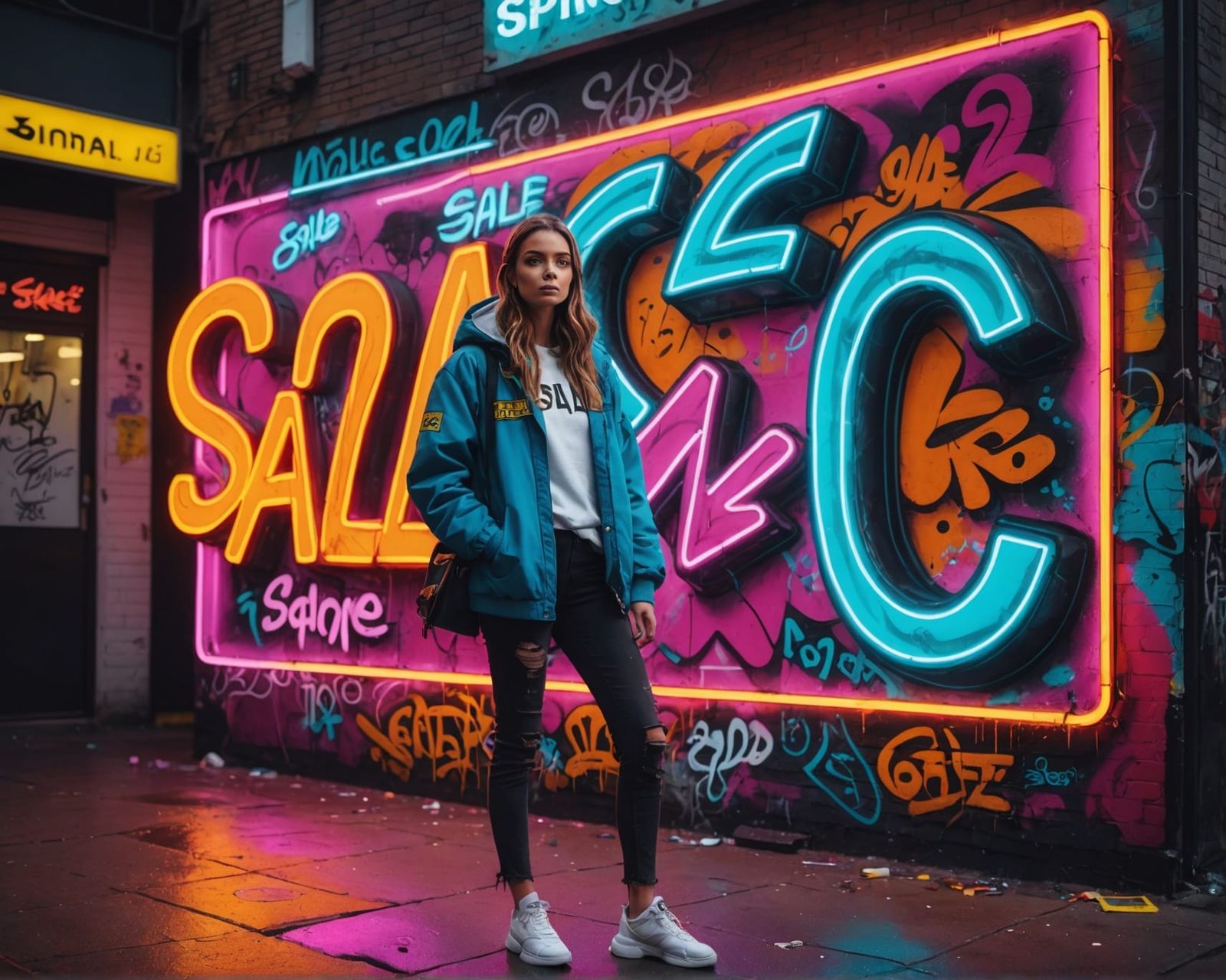 Woman Beside Fluorescent Sale Sign in Graffiti Art