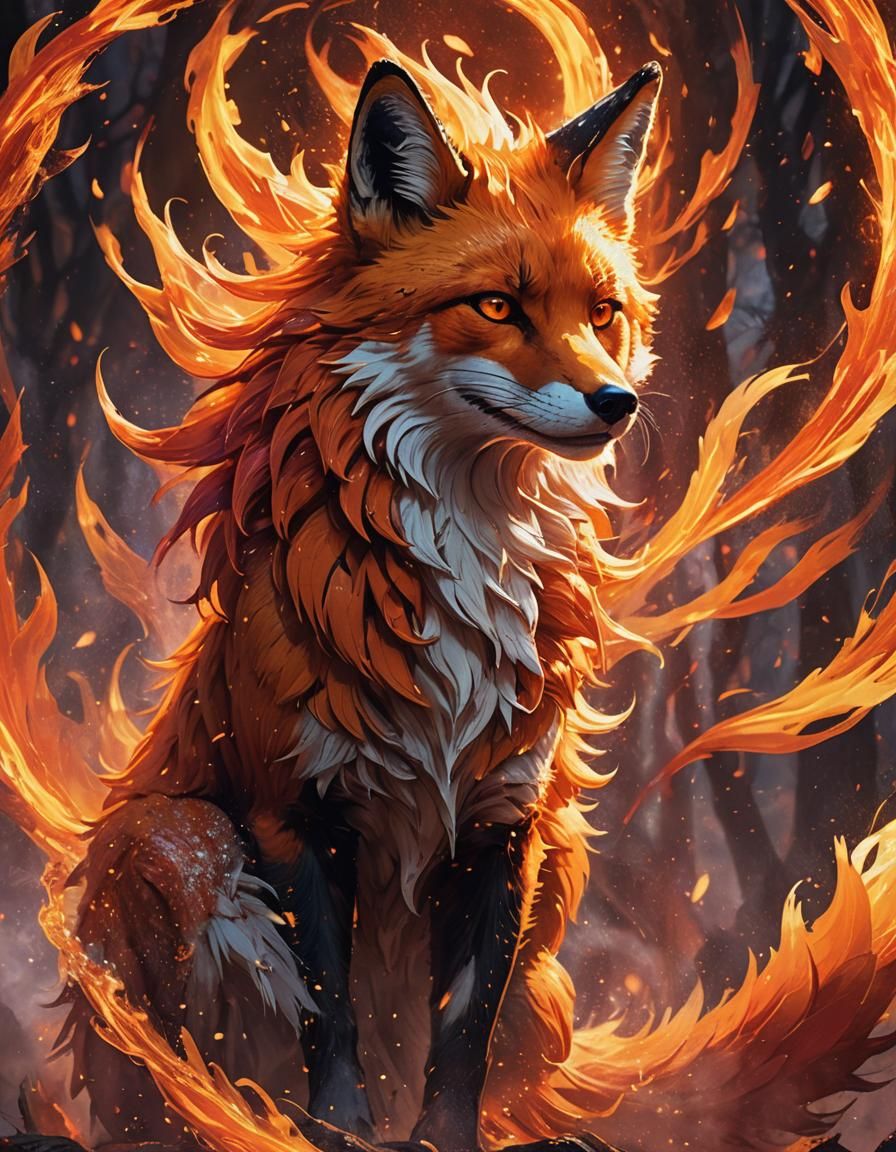 Mystical Nine-Tailed Fox in a Fiery Realm