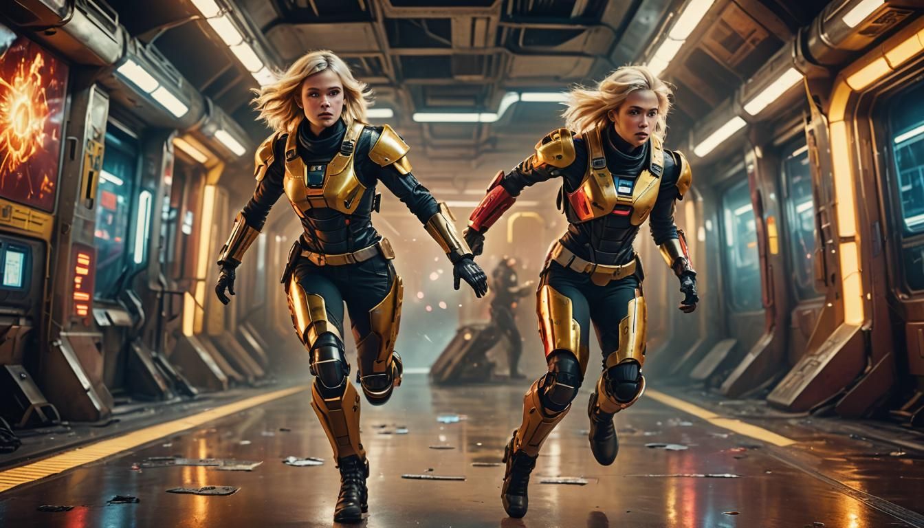 European Woman Running from Space Station in Acrylic Style