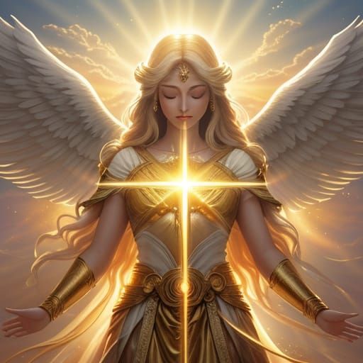 Divine Figure Ascends Through Celestial Clouds in Golden Lig...