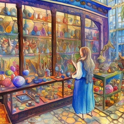 Crystal Shop of Wise Wizard in Gouache Style
