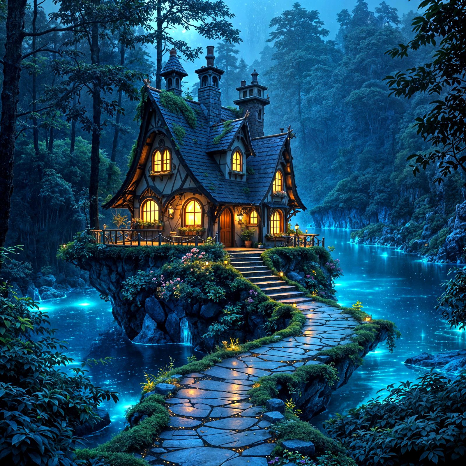 Blue Crystals, Moss Covered Forest with a Pathway Leading to the House (Promoted 10%) (Piece of Cake Winner)