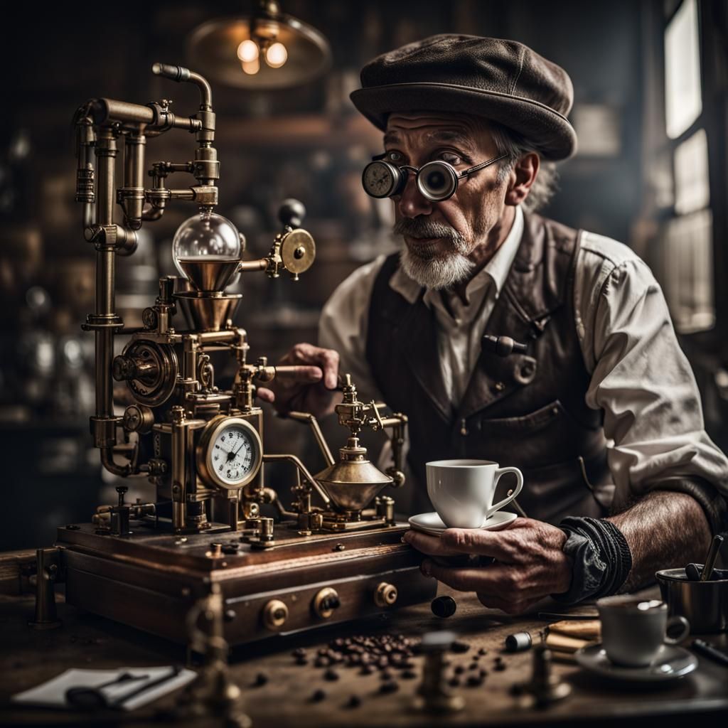 Steampunk Coffee Machine Watched by Scientists