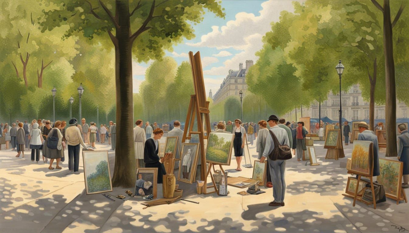 Paris Sidewalk Art Market in Hyperrealistic Style