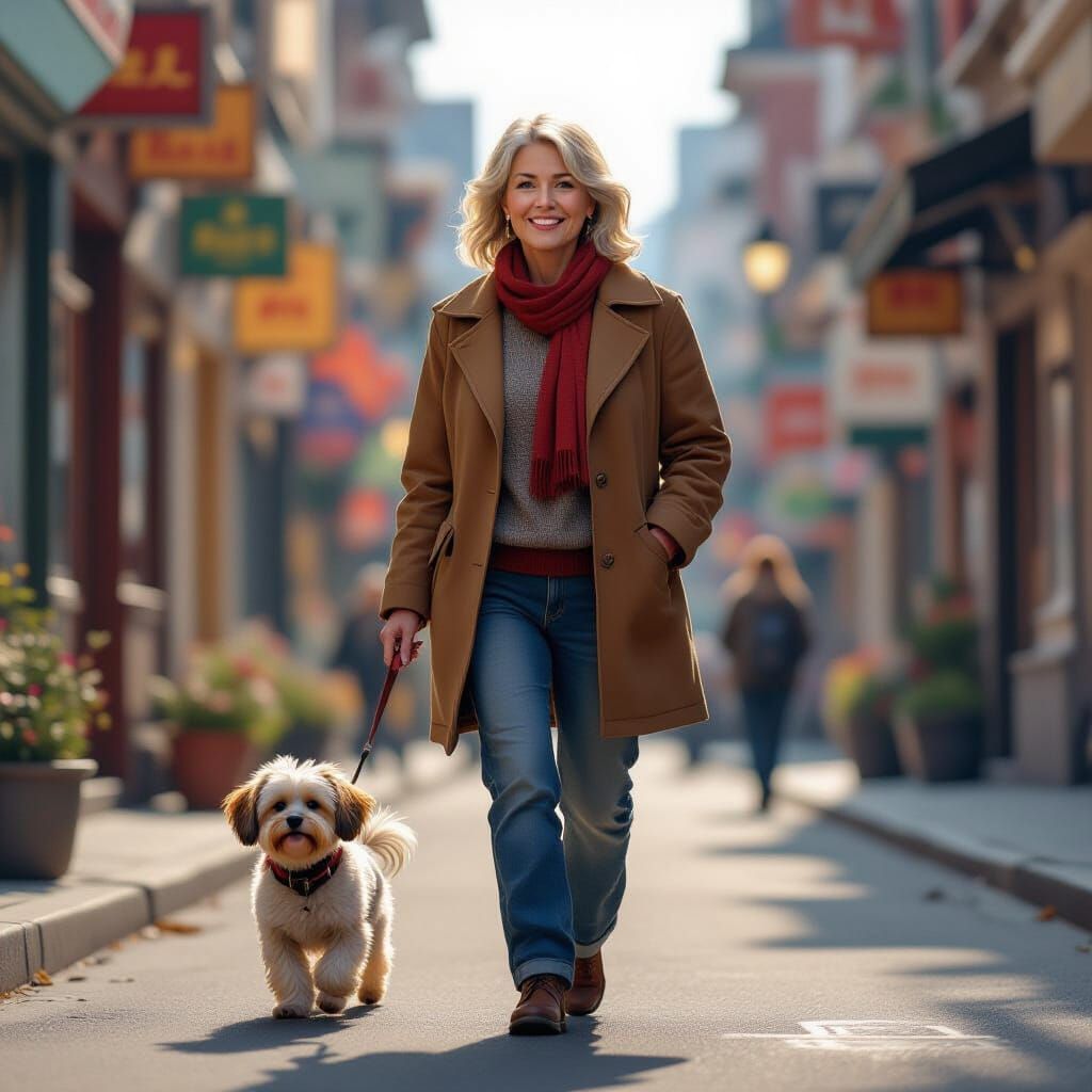 Woman Walks Dog: Hyperrealistic Splash Art Portrait