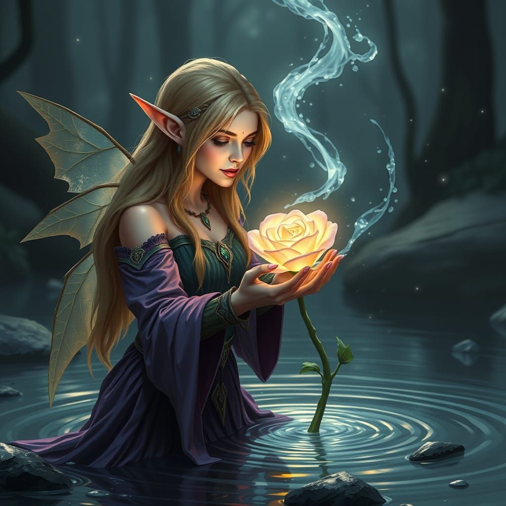 Ethereal Elf Sorceress Conjures Radiant Aquatic Bloom