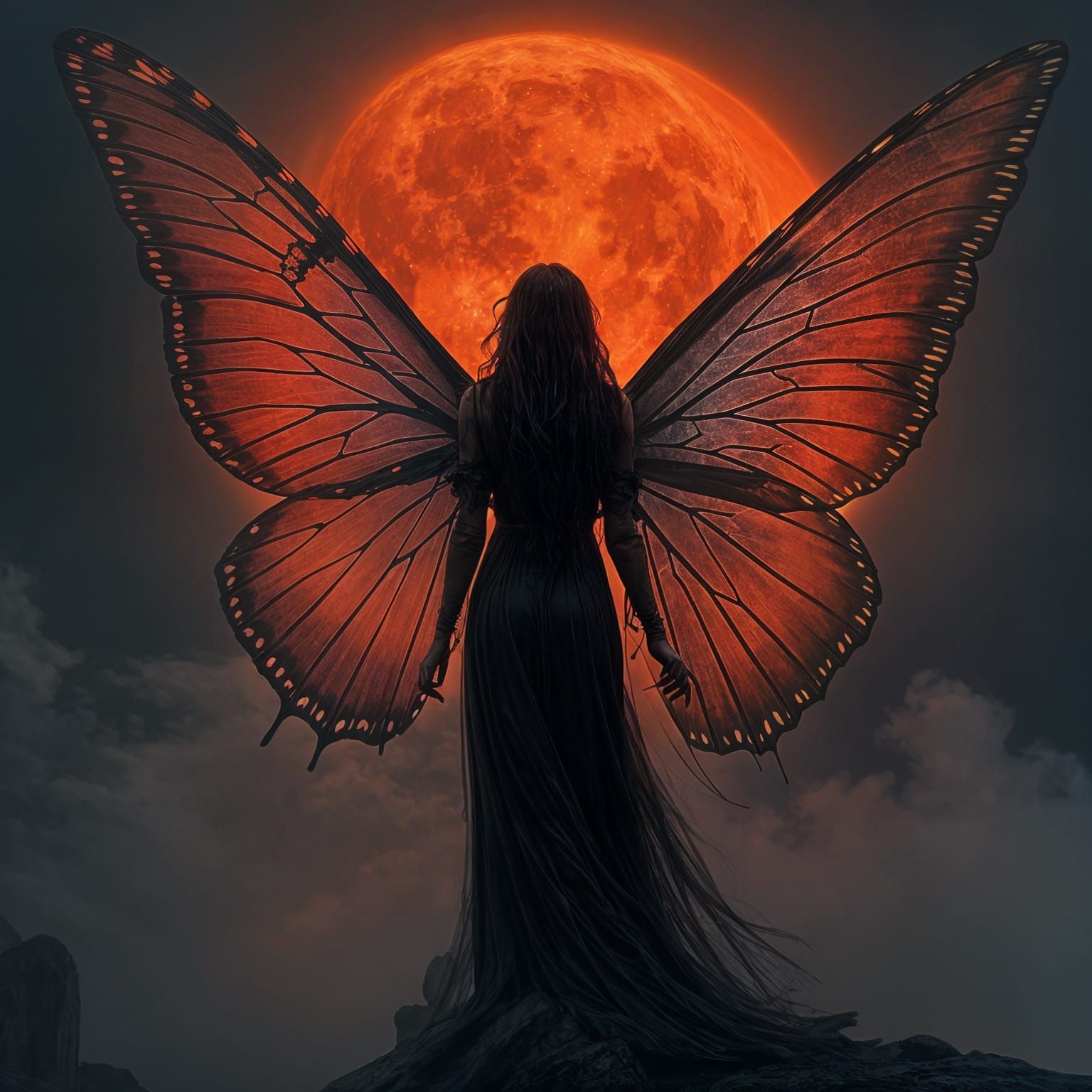 Ethereal Dark Fantasy Angel in Stormy Skies