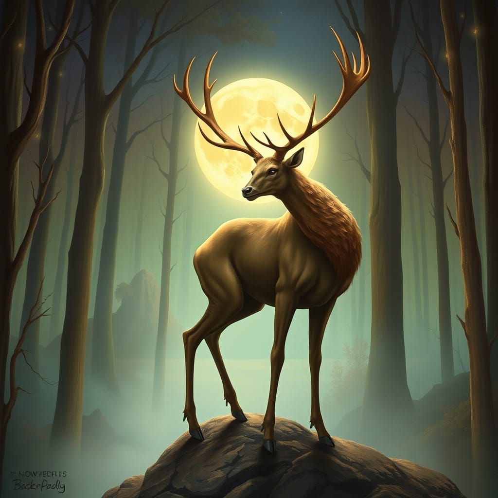 Majestic Stag Figure in Mystical Moonlit Forest