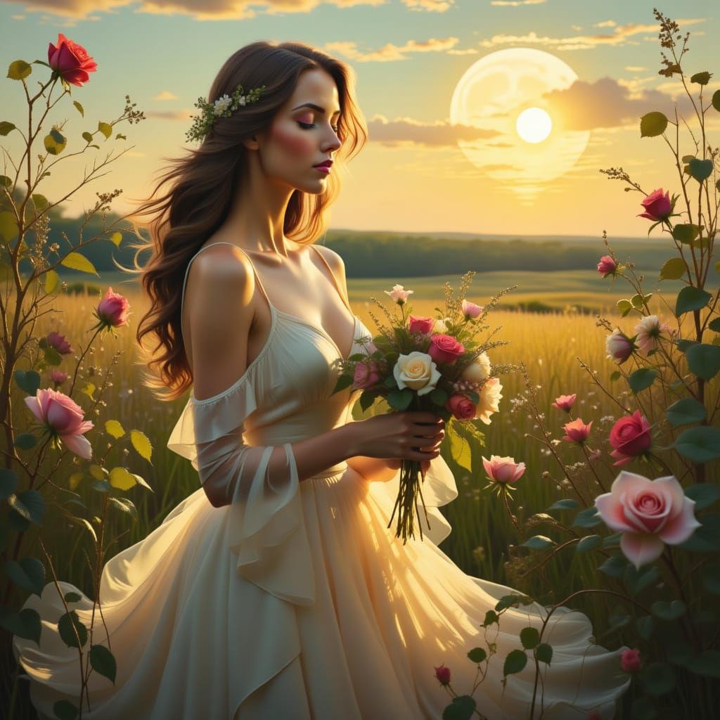 Elegant Woman in Serene Landscape, Art Nouveau Style