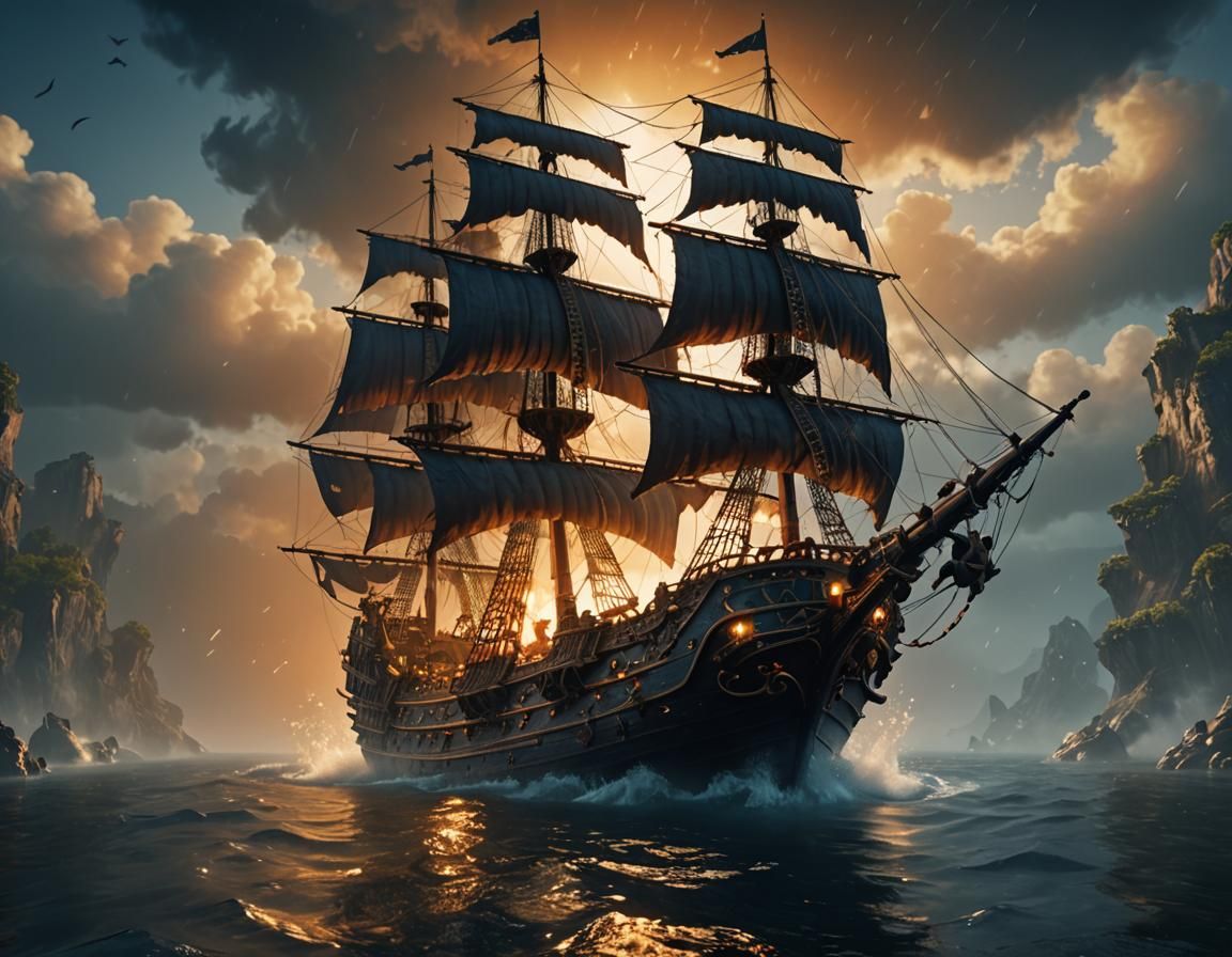 Surreal Pirate Ship in Misty Waters