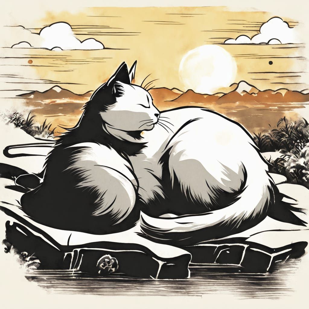 Japanese Cat Basks in Sunlight, Sumi-e Art