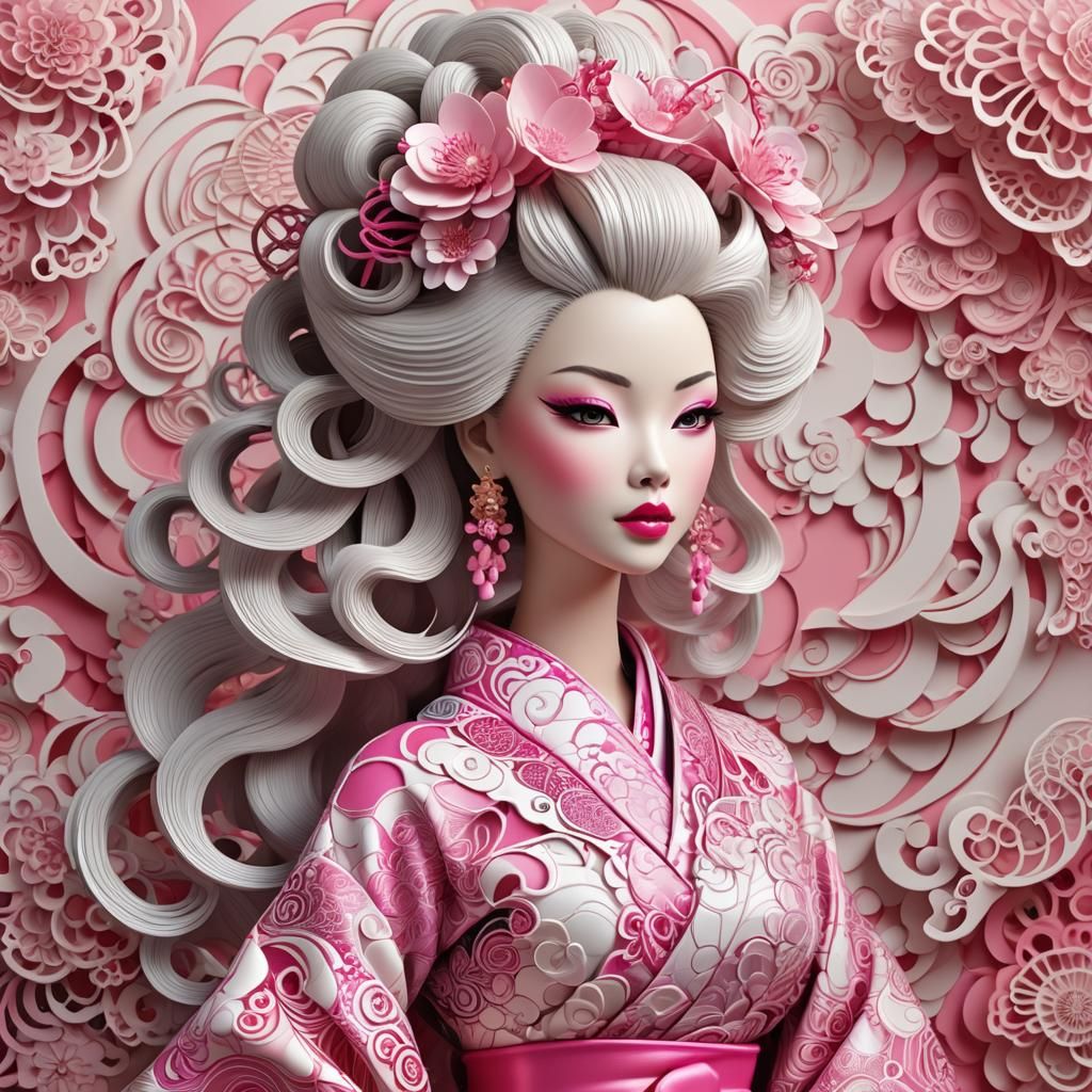 Elegant Barbie Pink Geisha in Abstract Style