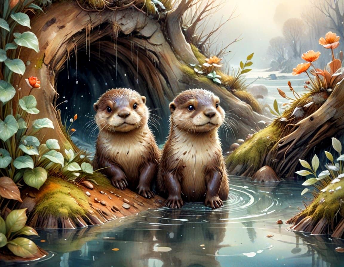 Whimsical Otter Duo Emerge from Cozy Winter Den in Vibrant W...