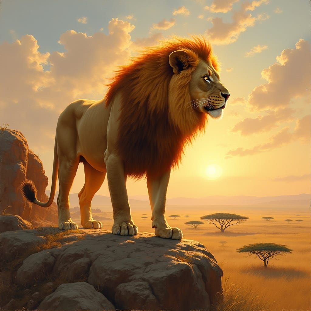 Flaming Lion Overlooking Sun-Drenched Savannah