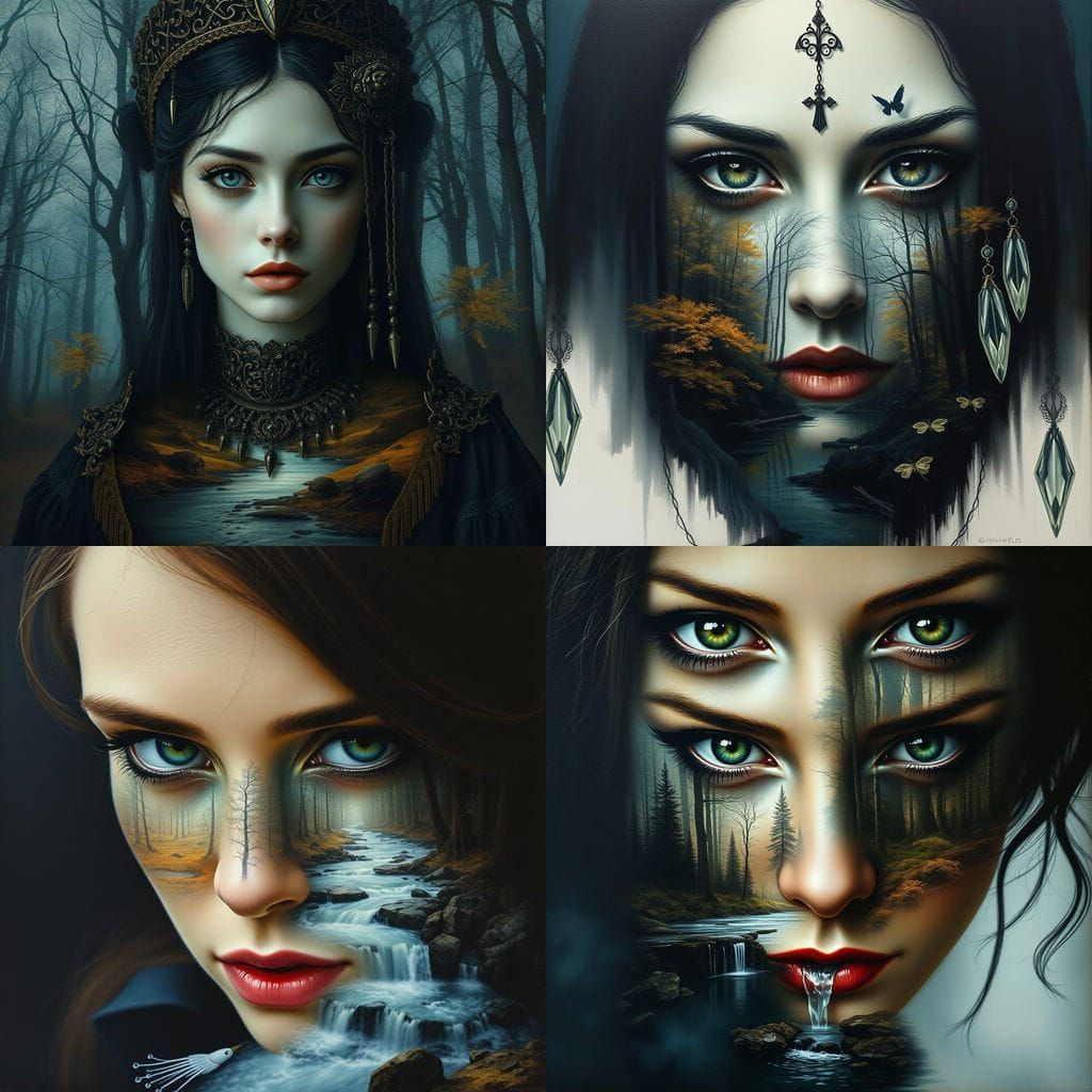 Gothic Woman with Forest Landscape, Oil Painting