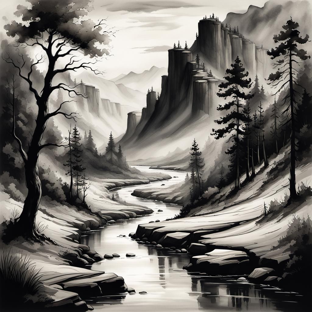 Black and White Canyon Landscape in Rackham Style